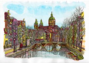ACRAMS23352Oudezijds Voorburgwal Amsterdam Acryl Watercolor Painting