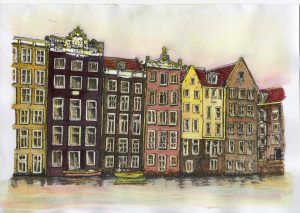 ACRAMS2374 Damrak Amsterdam Acryl Watercolor Painting