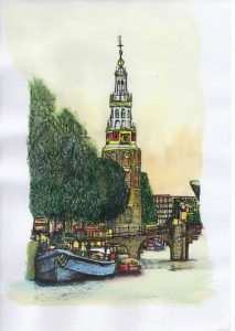 ACRAMS2391 Montebaan Toren Amsterdam Acryl Watercolor Painting